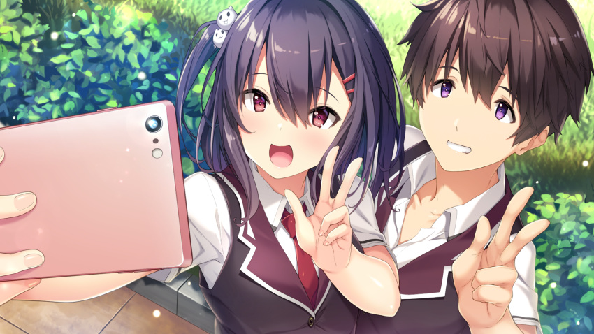 1boy 1girl :d bangs black_hair black_vest blush brown_hair cat_hair_ornament cellphone collarbone collared_shirt day dress_shirt eyebrows_visible_through_hair game_cg grin hair_between_eyes hair_ornament hairclip hibikino-san-chi_wa_eroge-ya-san! hibikino_yui highres holding holding_phone kurama_ren long_hair necktie outdoors phone red_eyes red_necktie sawayaka_samehada selfie shiny shiny_hair shirt short_hair side_ponytail smartphone smile upper_body vest violet_eyes w white_shirt wing_collar