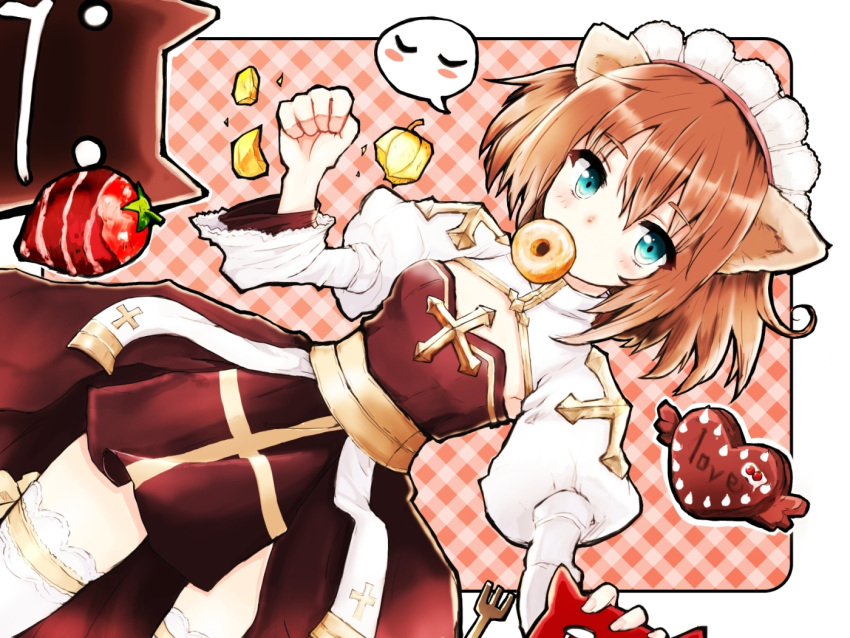 1girl animal_ears arch_bishop_(ragnarok_online) bangs blue_eyes blush breasts brown_hair candy cat_ears chocolate chocolate_strawberry cleavage_cutout clothing_cutout commentary_request cowboy_shot cross deviruchi doughnut dress dutch_angle eyebrows_visible_through_hair food food_in_mouth frilled_legwear hair_between_eyes heart heart-shaped_chocolate juliet_sleeves leche long_sleeves looking_at_viewer maid_headdress medium_breasts puffy_sleeves ragnarok_online sash short_hair thigh-highs two-tone_dress white_dress white_legwear yellow_sash