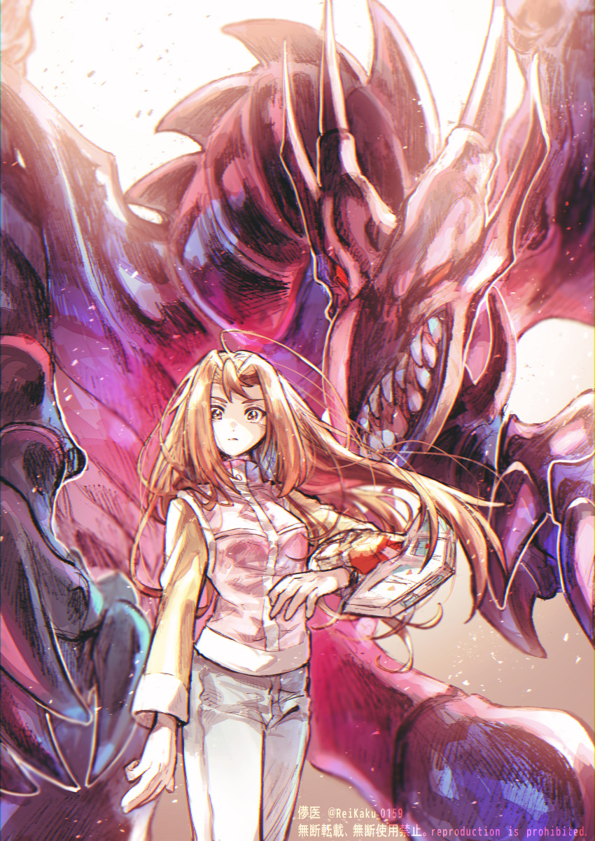 1girl absurdres artist_name bangs breasts brown_eyes brown_hair chinese_text closed_mouth commentary cowboy_shot dragon duel_disk english_text eyebrows highres kawai_shizuka legs_together long_hair long_sleeves looking_at_viewer open_mouth pants red-eyes_black_dragon red_eyes sharp_teeth solo sparkle standing sugomori_tsuru_(artist) teeth vest vest_over_shirt white_pants yu-gi-oh! yu-gi-oh!_duel_monsters