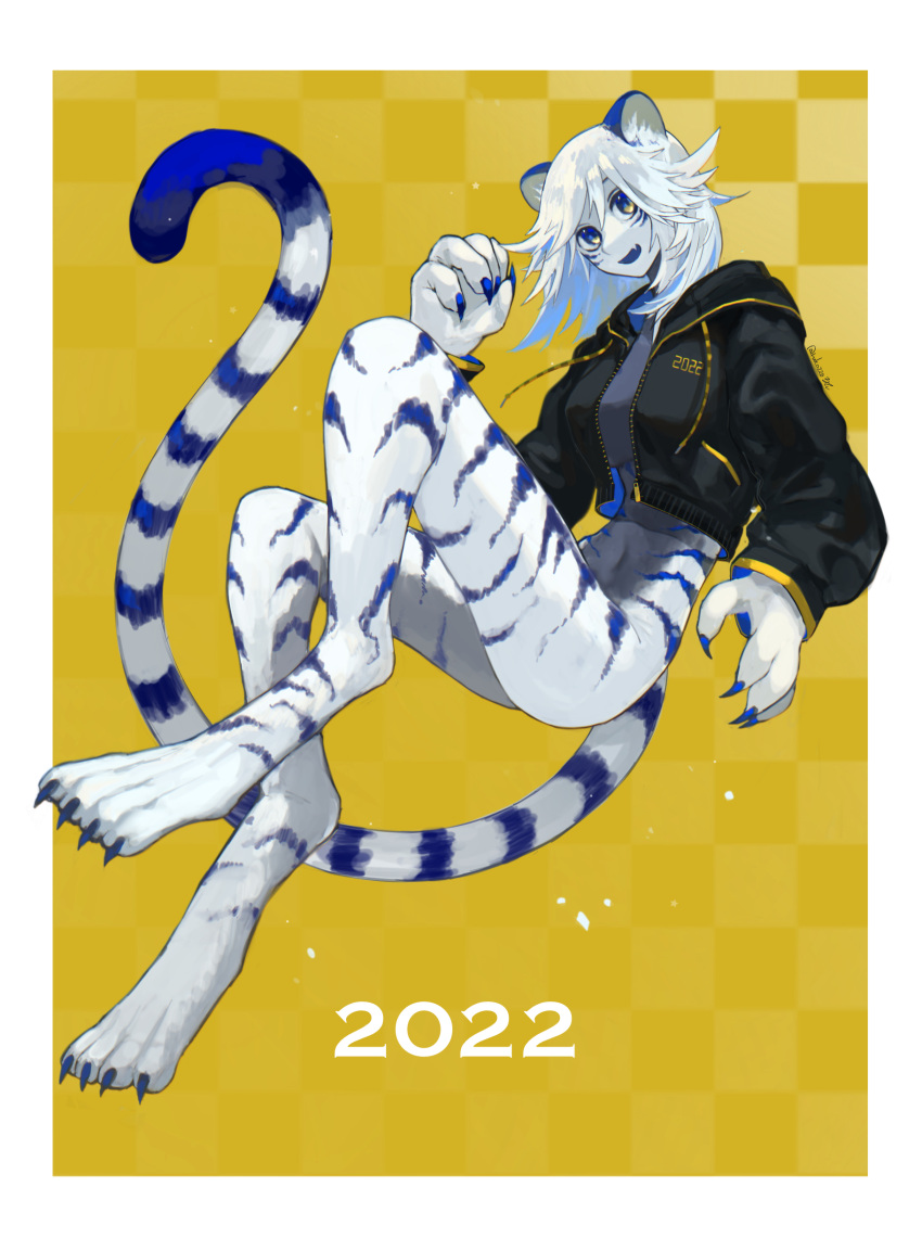 1girl 2022 absurdres animal_ears border chinese_zodiac claws colored_skin cropped_jacket digitigrade fang full_body happy_new_year highres looking_at_viewer monster_girl new_year original ruteko_(ruko220) skin_fang solo tail tiger_ears tiger_girl tiger_stripes tiger_tail white_border white_hair white_skin year_of_the_tiger yellow_background