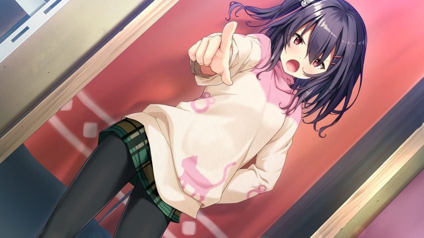 1girl animal_print black_hair black_legwear cat_print dutch_angle game_cg green_skirt hair_intakes hair_ornament hairclip hand_on_hip hibikino-san-chi_wa_eroge-ya-san! hibikino_yui highres long_hair long_sleeves looking_at_viewer miniskirt open_mouth pantyhose plaid plaid_skirt pointing print_sweater red_eyes sawayaka_samehada shiny shiny_hair side_ponytail skirt solo standing sweater v-shaped_eyebrows white_sweater