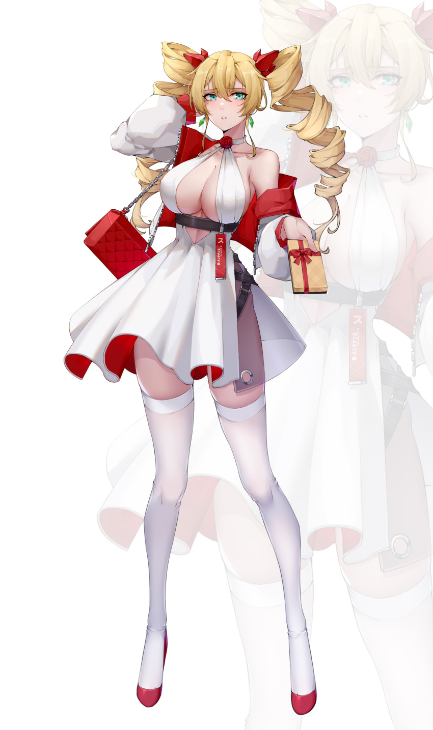 1girl absurdres aqua_eyes bare_shoulders blonde_hair breasts claire_harvey cropped_jacket dress drill_hair earrings hair_between_eyes highres huge_breasts hundred jewelry long_hair long_sleeves red_footwear sleeveless sleeveless_dress thigh-highs twin_drills white_dress white_legwear wsfw zoom_layer