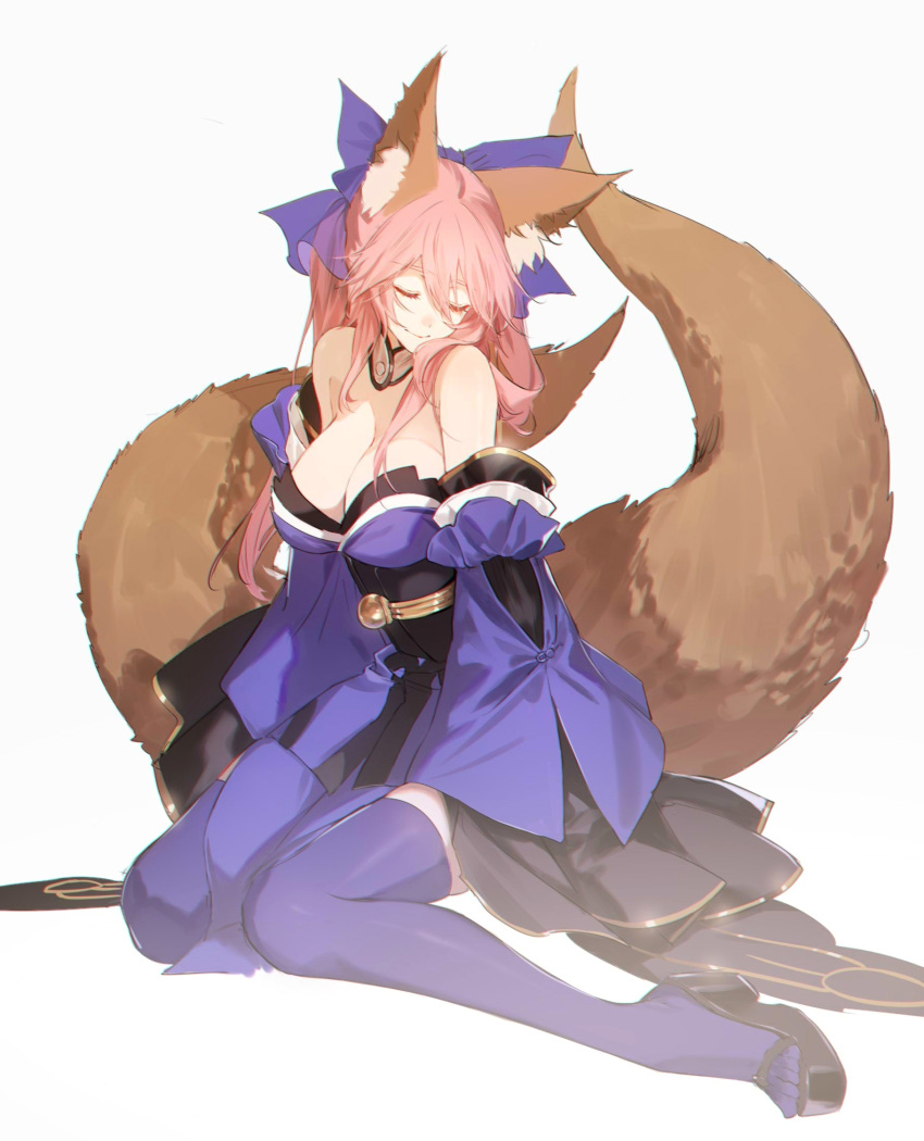 1girl animal_ear_fluff animal_ears bare_shoulders blue_bow blue_kimono blue_legwear bow bsq closed_eyes detached_sleeves fate/grand_order fate_(series) fox_ears fox_girl fox_tail highres japanese_clothes kimono long_hair multiple_tails pelvic_curtain pink_hair short_kimono solo split_ponytail tail tamamo_(fate) tamamo_no_mae_(fate/extra) thigh-highs two_tails wide_sleeves