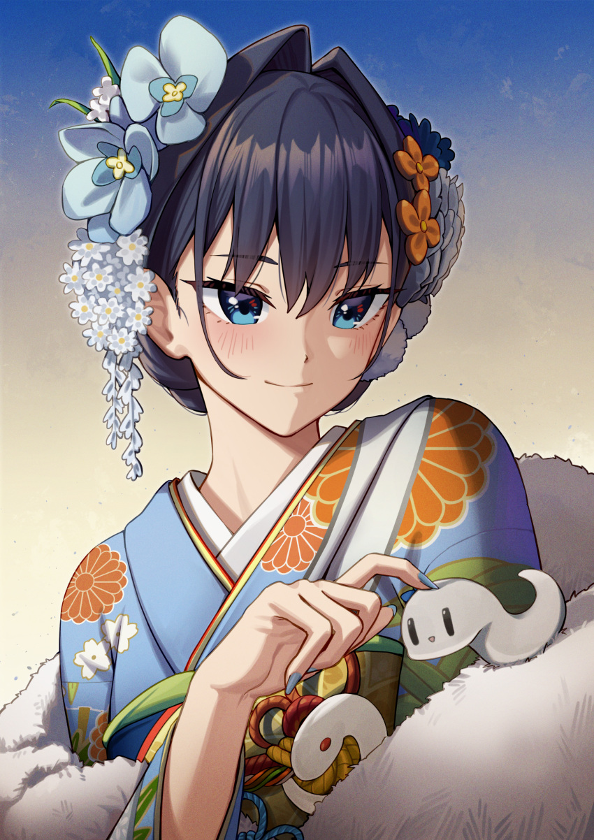 1girl absurdres bangs blue_eyes blue_hair blue_kimono blue_nails blush boros_(ouro_kronii) closed_mouth erezu floral_print flower fur hair_flower hair_intakes hair_ornament highres hololive hololive_english japanese_clothes kimono obi official_alternate_costume ouro_kronii petting sash short_hair smile solo tied_hair upper_body virtual_youtuber