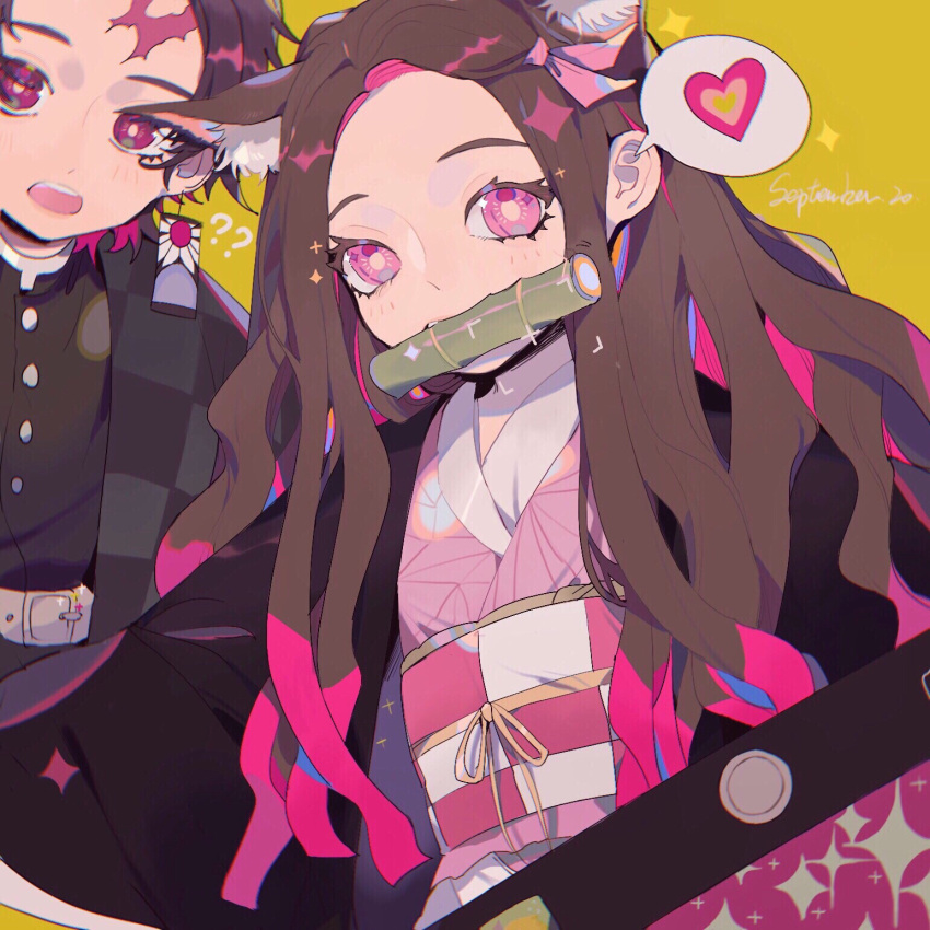 1boy 1girl ? ?? bamboo belt bit_gag brother_and_sister brown_hair chinese_commentary commentary_request dated earrings gag haori heart highres japanese_clothes jewelry kamado_nezuko kamado_tanjirou kemonomimi_mode kimetsu_no_yaiba long_hair looking_at_viewer obi open_mouth pink_eyes pink_hair pink_pupils sash scar scar_on_face scar_on_forehead short_hair siblings simple_background spoken_heart taowu_(20809) upper_body violet_eyes yellow_background