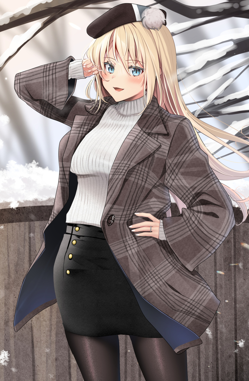 1girl absurdres bare_tree beret bismarck_(kancolle) black_legwear black_skirt blonde_hair blue_eyes blush brown_headwear coat eyebrows_visible_through_hair grey_coat hair_between_eyes hand_on_hip hat highres jewelry kantai_collection long_hair long_sleeves open_clothes open_coat open_mouth pantyhose pencil_skirt plaid_coat pom_pom_(clothes) reward_available ribbed_sweater ring skirt smile snow solo sweater tree wedding_band white_sweater yunamaro