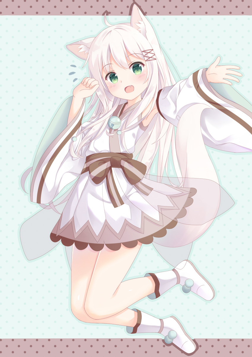 1girl absurdres ahoge animal_ear_fluff animal_ears aqua_background armpits bangs bare_legs blush border bow brown_border brown_sash cat_ears cat_girl cat_tail chabashira_ribbon commentary detached_sleeves eyebrows_visible_through_hair fang full_body green_eyes hands_up highres japanese_clothes jumping kimono long_hair long_sleeves looking_at_viewer multicolored_bow open_mouth original polka_dot polka_dot_background romaji_commentary sash sidelocks smile solo tail waist_bow white_footwear white_hair white_kimono wide_sleeves