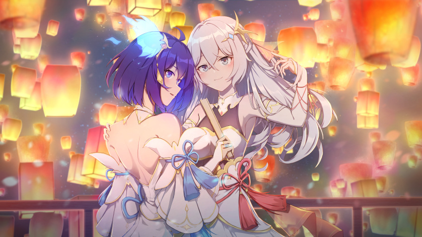 2girls absurdres armpits back backless_dress backless_outfit bangs bare_shoulders blue_eyes blue_hair bob_cut bronya_zaychik caisena china_dress chinese_clothes chinese_new_year closed_mouth dress drill_hair grey_eyes grey_hair hair_ornament hand_fan highres holding holding_fan honkai_(series) honkai_impact_3rd lantern long_hair medium_hair multiple_girls night night_sky open_mouth paper_lantern seele_vollerei sky sleeveless sleeveless_dress twin_drills white_dress