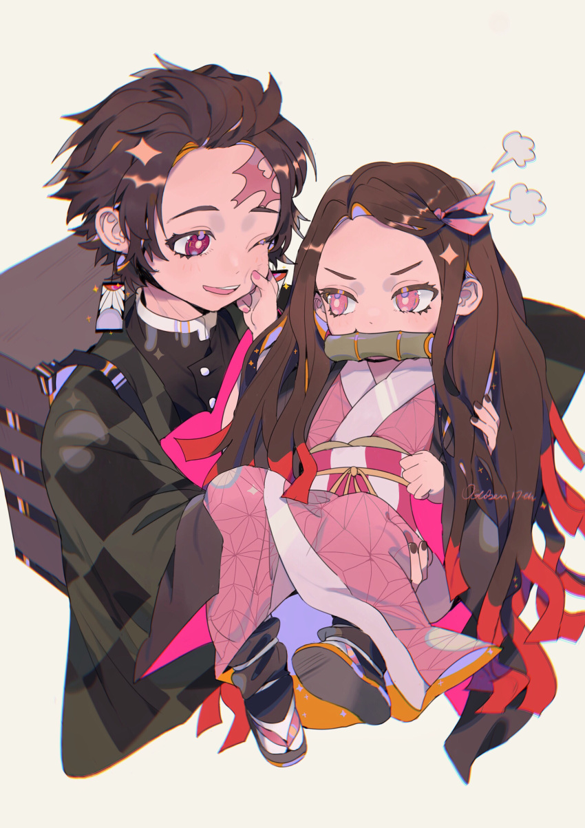 1boy 1girl absurdres backpack bag bamboo bit_gag brother_and_sister brown_hair brown_nails carrying carrying_person chinese_commentary commentary_request dated earrings gag hair_ribbon haori highres japanese_clothes jewelry kamado_nezuko kamado_tanjirou kimetsu_no_yaiba kimono long_hair obi one_eye_closed parted_lips pink_eyes pink_kimono pink_nails pink_ribbon princess_carry ribbon sash scar scar_on_face scar_on_forehead siblings slippers smile solo taowu_(20809) violet_eyes white_background
