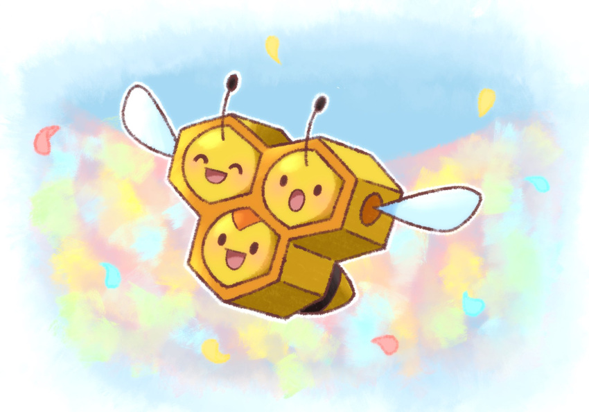 :d :o ^_^ animal_focus bee bug closed_eyes combee commentary_request day flying full_body happy highres no_humans open_mouth outdoors outline petako_(ptpt_k) petals pokemon pokemon_(creature) smile solo tongue