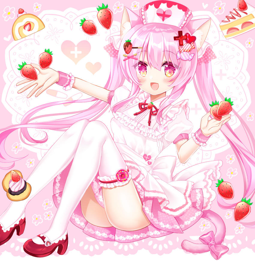 1girl :d animal_ear_fluff animal_ears apron bangs bow candy_hair_ornament cat_ears cat_girl cat_tail commentary_request cross eyebrows_visible_through_hair food food-themed_hair_ornament fruit hair_between_eyes hair_ornament hairclip hand_up hat heart high_heels highres knees_up long_hair nurse_cap original outstretched_arm pink_bow pink_hair pink_skirt pleated_skirt puffy_short_sleeves puffy_sleeves red_eyes red_footwear shikito shirt shoes short_sleeves skirt smile solo strawberry strawberry_hair_ornament tail tail_bow tail_ornament thigh-highs twintails very_long_hair waist_apron white_apron white_headwear white_legwear white_shirt wrist_cuffs x_hair_ornament