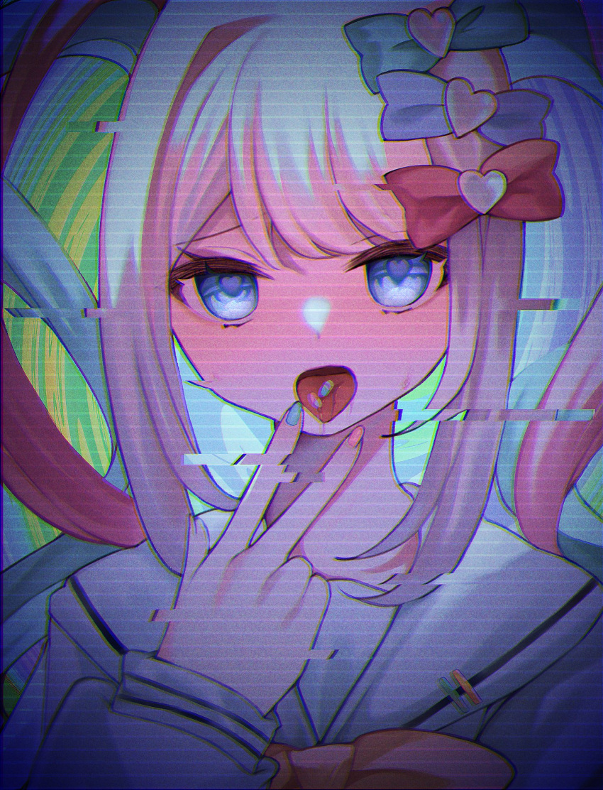 1girl ame-chan_(needy_girl_overdose) blue_bow blue_eyes blue_hair blue_nails bow costume drugs eyelashes facing_viewer glitch green_bow heart heart-shaped_pupils highres ikukiri_yuri jacket long_sleeves looking_at_viewer multicolored_background multicolored_hair multicolored_nails nail_polish needy_girl_overdose open_mouth pill pink_hair pink_nails psychedelic red_bow side_ponytail sidelocks solo symbol-shaped_pupils tongue twintails upper_body white_hair