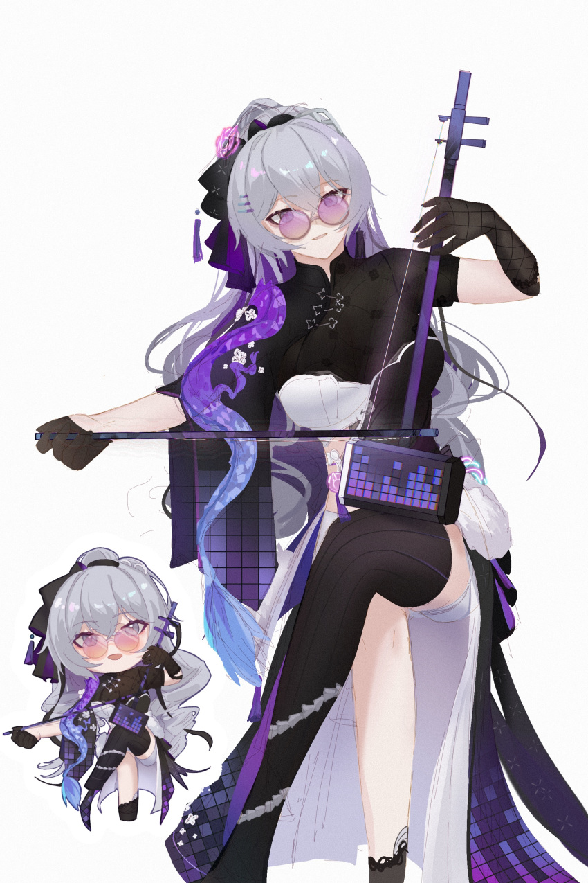 1girl :d absurdres akashin asymmetrical_gloves asymmetrical_legwear bangs black_dress black_gloves black_legwear bronya_zaychik bronya_zaychik_(silverwing:_n-ex) chibi chibi_inset china_dress chinese_clothes crossed_legs dress drill_hair dual_persona erhu full_body gloves grey_eyes grey_hair hair_between_eyes hair_ornament highres holding holding_instrument honkai_(series) honkai_impact_3rd instrument invisible_chair long_hair looking_at_viewer mismatched_gloves mismatched_legwear open_mouth simple_background sitting smile solo sunglasses twin_drills white_background