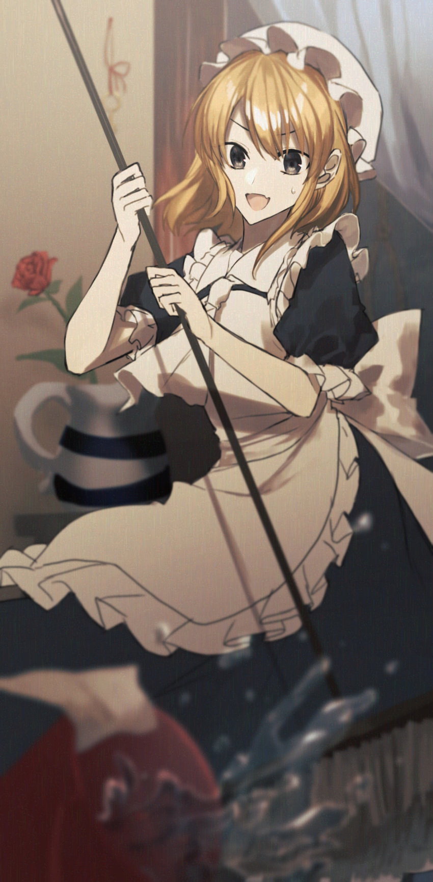 1girl absurdres apron ascot back_bow black_dress black_eyes blonde_hair bow character_request collared_dress cowboy_shot dress fang frilled_apron frilled_dress frilled_sleeves frills hat highres maid maid_apron mob_cap open_mouth otoshiro_kosame portrait_of_exotic_girls puffy_short_sleeves puffy_sleeves short_hair short_sleeves skin_fang sweatdrop touhou white_ascot white_bow white_headwear