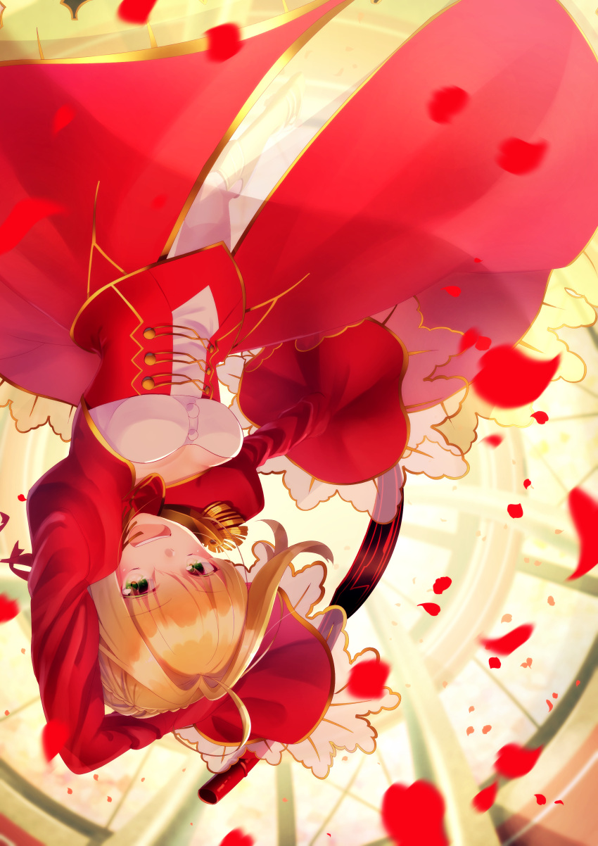 1girl aestus_estus ahoge blonde_hair blurry braid breasts cleavage commentary_request corset dress epaulettes fate/extra fate/grand_order fate_(series) flower french_braid green_eyes hair_flower hair_intakes hair_ornament hair_ribbon highres juliet_sleeves kanyu0316 large_breasts long_sleeves looking_at_viewer nero_claudius_(fate) nero_claudius_(fate)_(all) ocean petals puffy_sleeves red_dress red_ribbon ribbon saber_extra see-through short_hair smile solo sword weapon wide_sleeves