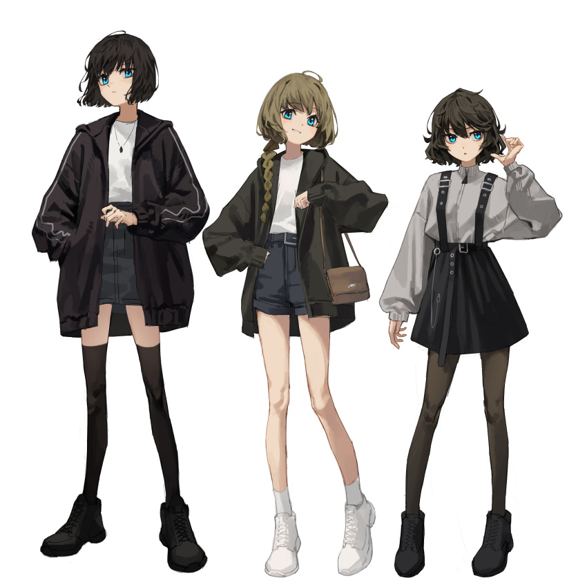 3girls absurdres bag black_footwear black_hair black_jacket black_legwear black_skirt blue_eyes braid brown_hair commentary full_body grey_sweater hair_over_shoulder highres jacket jewelry long_braid long_hair multiple_girls necklace open_clothes open_jacket original pantyhose shirt shoes short_hair shorts shoulder_bag single_braid skirt smile sneakers sweater thigh-highs white_background white_footwear white_shirt yoon_cook