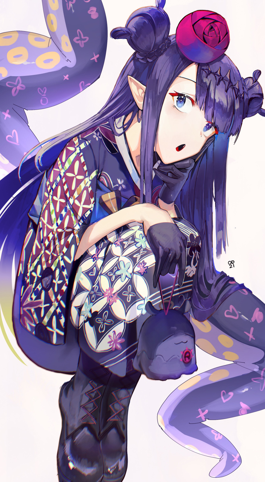 1girl absurdres blue_eyes double_bun floral_print gloves highres hololive hololive_english japanese_clothes kimono looking_at_viewer ninomae_ina'nis odyssey_21 open_mouth purple_gloves purple_hair purple_kimono squatting tako_(ninomae_ina'nis) tentacles virtual_youtuber