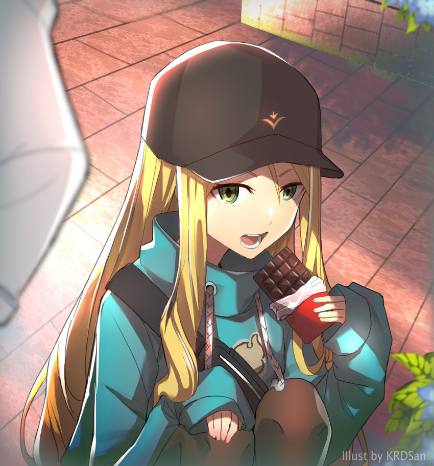 1girl 1other absurdres artist_name baseball_cap black_bag black_headwear black_pants blonde_hair blue_flower blue_jacket candy chocolate chocolate_bar d_cide_traumerei flower food green_eyes hair_between_eyes hat highres holding holding_candy holding_food jacket jessica_clayborn krdsan long_hair open_mouth pants sitting solo solo_focus