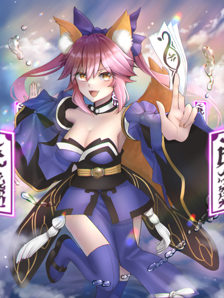 1girl animal_ear_fluff animal_ears bare_shoulders blue_kimono blue_legwear blush breasts collarbone detached_sleeves eyebrows_visible_through_hair fang fate/extella fate/extella_link fate/extra fate/extra_ccc fate/grand_order fate_(series) fox_ears fox_girl fox_tail highres japanese_clothes kimono kuraha1601 large_breasts looking_at_viewer open_mouth pink_hair solo tail tamamo_(fate) tamamo_no_mae_(fate/extra) water yellow_eyes