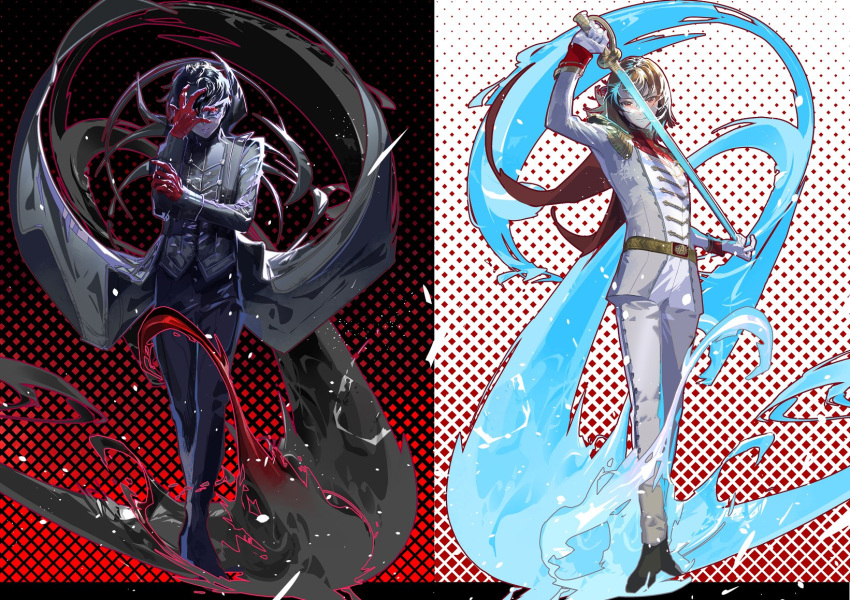 2boys akechi_gorou amamiya_ren black_hair black_jacket brown_hair cape epaulettes ffffcoffee full_body gloves glowing glowing_sword glowing_weapon hand_over_face highres jacket mask multiple_boys persona persona_5 red_gloves split_theme standing sword weapon