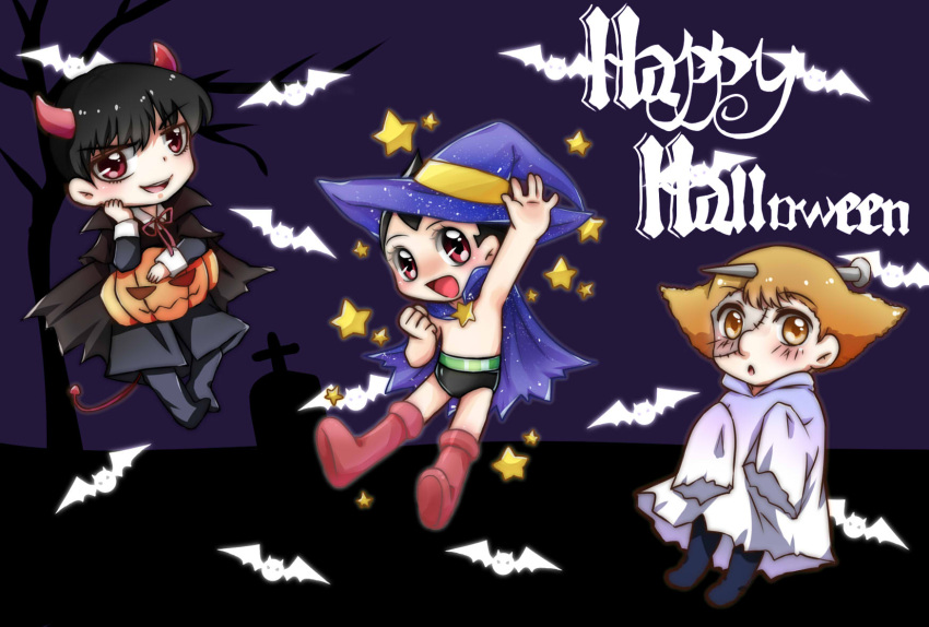 3boys atom:_the_beginning atom_(tetsuwan_atom) bat black_hair blush brown_hair chaimaou crossed_legs grave halloween happy_halloween highres multiple_boys ochanomizu_hiroshi smile star_(sky) tenma_umatarou tetsuwan_atom tree