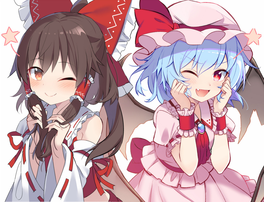 2girls ascot blue_hair blush bow brooch brown_eyes brown_hair closed_mouth e.o. eyebrows_visible_through_hair fang hair_between_eyes hair_bow hair_tubes hakurei_reimu hat highres japanese_clothes jewelry medium_hair mob_cap multiple_girls nontraditional_miko one_eye_closed open_mouth pink_headwear pink_skirt pink_vest puffy_short_sleeves puffy_sleeves red_ascot red_bow red_eyes remilia_scarlet ribbon-trimmed_sleeves ribbon_trim short_hair short_sleeves sidelocks simple_background skirt smile star_(symbol) touhou upper_body vest white_background wide_sleeves wrist_cuffs