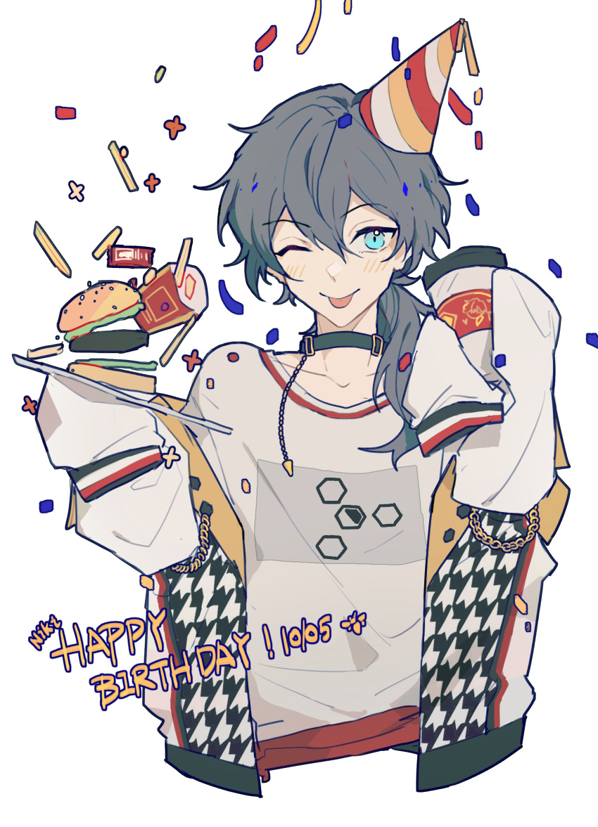 1other alensxx bangs belt_collar birthday blush_stickers burger casual closed_mouth collar collarbone commentary commentary_typo confetti cropped_torso dated english_text ensemble_stars! eyebrows_visible_through_hair fast_food food french_fries green_eyes grey_hair hair_between_eyes happy_birthday highres looking_at_viewer one_eye_closed shiina_niki simple_background solo tied_hair tongue upper_body white_background
