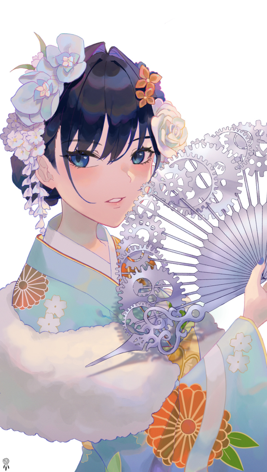 1girl absurdres artist_logo blue_eyes blue_flower blue_nails commentary eyebrows_behind_hair eyelashes floral_print flower fur_trim gears hair_between_eyes hair_flower hair_ornament hand_fan highres holding hololive hololive_english japanese_clothes julia8857 kimono lips looking_at_viewer official_alternate_costume ouro_kronii rose shadow short_hair simple_background slit_pupils solo teeth upper_body virtual_youtuber white_background white_flower white_rose