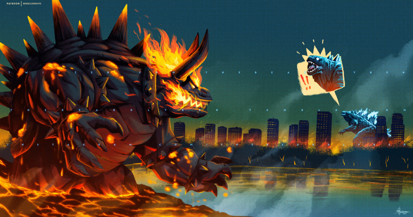 ! 2021 armband bowser bracelet breathing_fire building city claws collar crossover cut-away destruction fiery_hair fire fury_bowser godzilla godzilla_(series) highres horns jewelry molten_rock muscular muscular_male nintendo open_mouth outdoors partially_submerged sharp_teeth shell single_horn skyscraper smoke spiked_bracelet spiked_collar spiked_shell spikes standing super_mario_3d_world super_mario_bros. teeth thebeardlyben water web_address