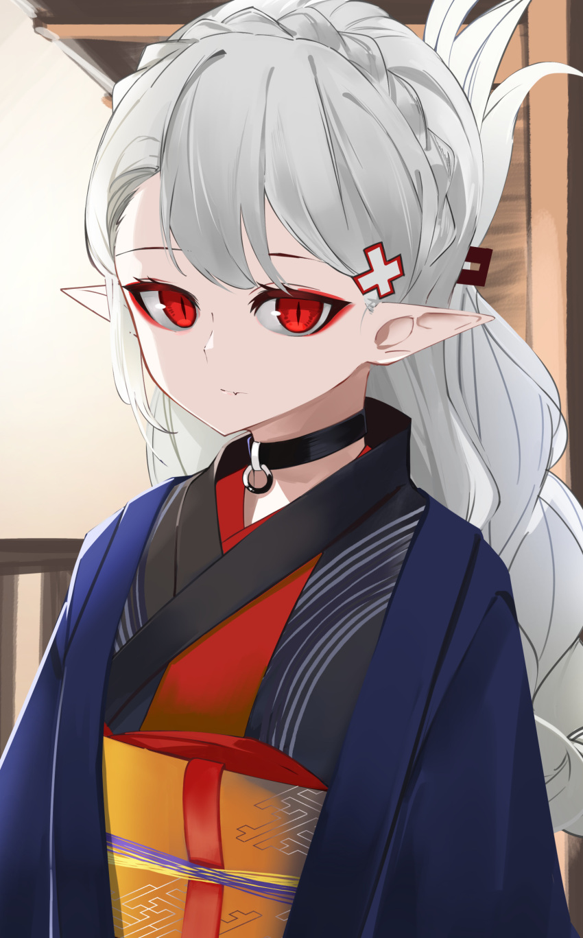 1girl absurdres ao_oni_(onioni-aoi) arknights bangs black_choker black_kimono braid choker closed_mouth commentary_request crown_braid fang fang_out grey_hair hair_ornament highres japanese_clothes kimono long_hair looking_at_viewer obi open_clothes pointy_ears red_eyes sash solo upper_body very_long_hair warfarin_(arknights)