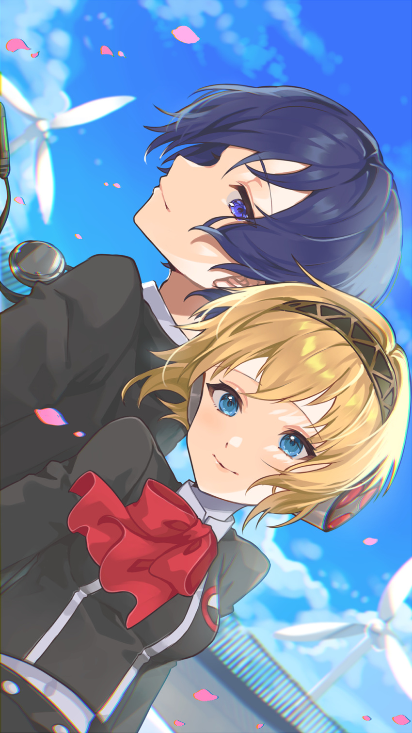 1boy 1girl aegis_(persona) android ascot back-to-back black_shirt blonde_hair blue_eyes blue_hair blue_sky bow bowtie closed_mouth commentary day eyebrows_visible_through_hair floating_hair gekkoukan_high_school_uniform hair_between_eyes hairband headphones height_difference highres kamo860 looking_at_another looking_at_viewer outdoors persona persona_3 petals red_ascot red_bow robot robot_ears school_uniform shirt short_hair sky smile uniform upper_body wind_turbine yuuki_makoto