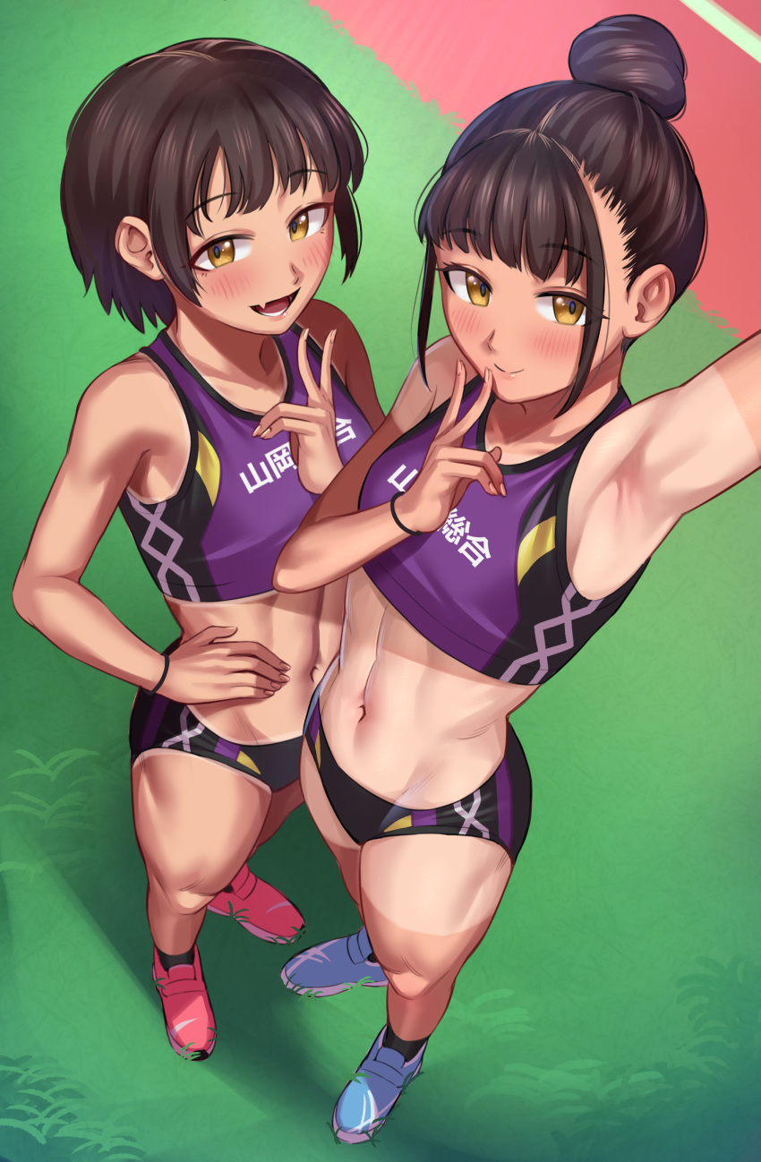 2girls :d absurdres arm_up armpits bangs bikini black_bikini blush breasts brown_hair day eyebrows_visible_through_hair fang foreshortening from_above grass hair_bun hand_up highres looking_at_viewer multicolored_bikini multicolored_clothes multiple_girls navel open_mouth original outdoors purple_bikini running_track shoes short_hair sidelocks small_breasts smile sneakers sports_bikini standing swimsuit tan tanlines toin_(koto54576897) track_and_field v wristband yellow_eyes
