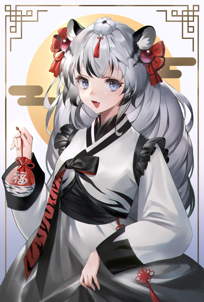 1girl :d absurdres animal_ear_fluff animal_ears black_hair blue_eyes chinese_zodiac chungla commentary egasumi fang frills grey_hair hand_up happy_new_year highres holding japanese_clothes kimono long_hair long_sleeves looking_at_viewer multicolored_hair new_year original smile solo streaked_hair symbol-only_commentary tiger_ears very_long_hair white_kimono year_of_the_tiger