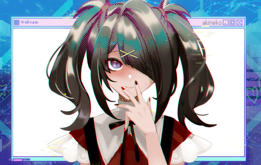 1girl aa2233a ame-chan_(needy_girl_overdose) black_hair black_nails blush eyebrows_visible_through_hair hair_ornament hair_over_one_eye hairclip looking_at_viewer nail_polish needy_girl_overdose red_nails ribbon smile solo twintails upper_body violet_eyes window_(computing)