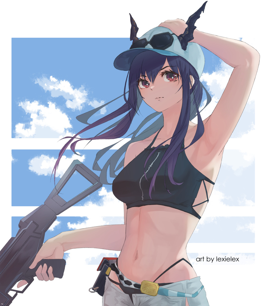 1girl absurdres arknights arm_up armpits artist_name bangs bare_arms bare_shoulders baseball_cap bikini black_bikini blue_sky breasts ch'en_(arknights) closed_mouth cowboy_shot day eyebrows_visible_through_hair female_tourist_c_(arknights) gun hand_on_headwear hat highres holding holding_gun holding_weapon lexielex long_hair looking_at_viewer medium_breasts navel open_clothes open_fly open_shorts outdoors ponytail purple_hair red_eyes shorts sidelocks sky solo stomach swimsuit trigger_discipline v-shaped_eyebrows weapon white_headwear white_shorts