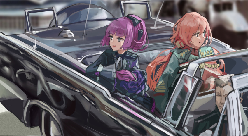 1boy 2girls absurdres bangs bell_sleeves blue_eyes blunt_bangs blurry blurry_background car carcano_m1891_(girls'_frontline) carcano_m91/38_(girls'_frontline) convertible cosplay eyebrows_visible_through_hair girls_frontline gloves ground_vehicle highres historical_event john_f._kennedy john_f._kennedy_(cosplay) long_hair looking_to_the_side military military_uniform motor_vehicle multiple_girls photo-referenced pink_hair ponytail purple_gloves purple_hair sawkm short_hair sitting smile tied_hair uniform white_hair yegor_(girls'_frontline)