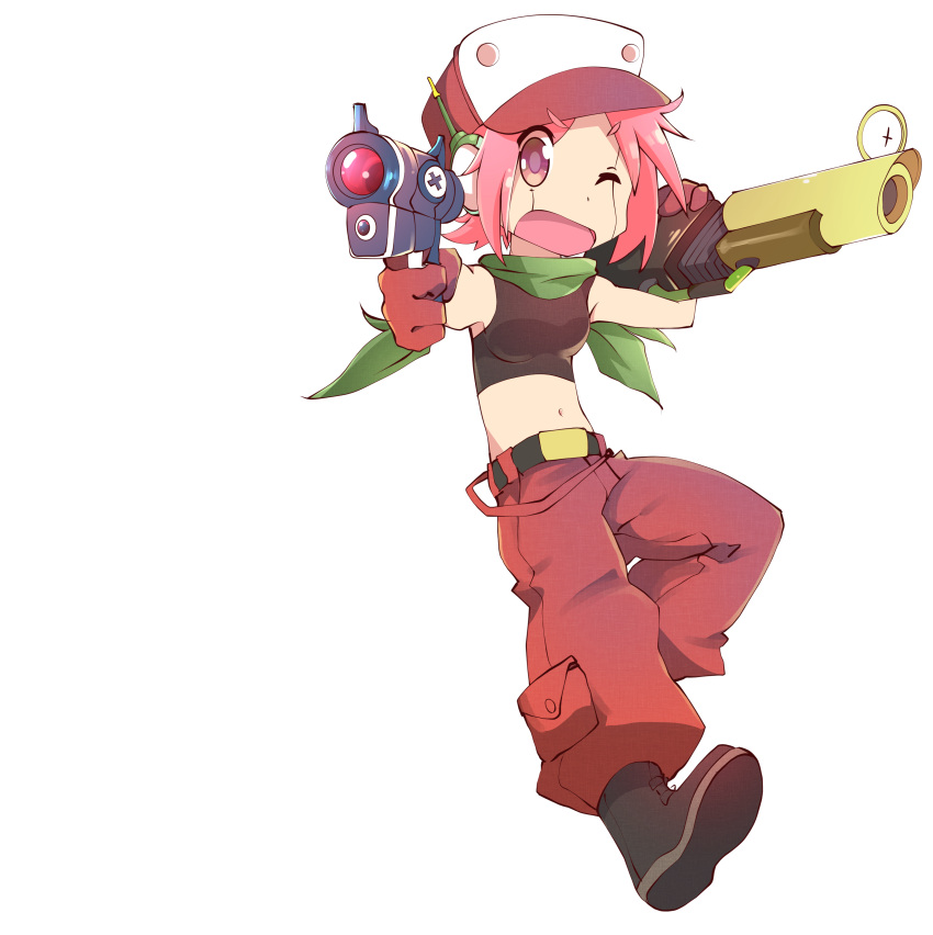 1girl absurdres cosplay crop_top doukutsu_monogatari eyebrows_visible_through_hair full_body gloves green_scarf gun hat highres holding holding_gun holding_weapon humanoid_robot looking_at_viewer majormilk multicolored_clothes multicolored_headwear navel open_mouth pants pink_eyes pink_hair quote_(doukutsu_monogatari) quote_(doukutsu_monogatari)_(cosplay) red_gloves red_headwear red_pants scarf short_hair sleeveless solo transparent_background weapon white_headwear yuyushiki