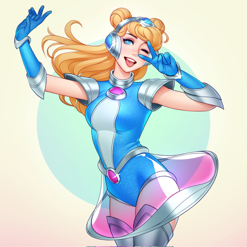 1girl arm_up armor bangs blonde_hair blue_background blue_gloves blue_leotard boots breasts commentary cowboy_shot double_bun dress floating_hair gloves hand_up headgear highres large_breasts league_of_legends leotard long_hair looking_at_viewer lux_(league_of_legends) one_eye_closed open_mouth pink_eyes purple_gloves see-through shiny shoulder_armor smile solo space_groove_lux teeth thigh-highs thigh_boots tongue tongue_out tsuaii upper_teeth v white_background white_leotard