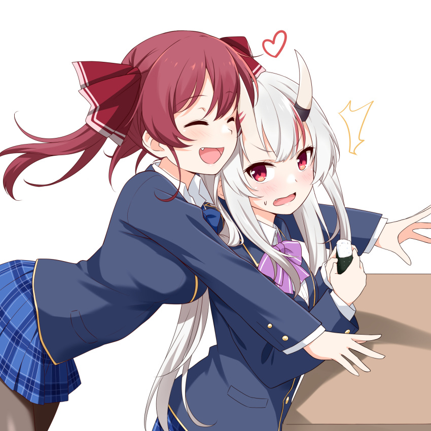 2girls ^^^ bangs black_legwear blazer blue_bow blue_bowtie blue_jacket blue_skirt blush bow bowtie breasts closed_eyes collared_shirt commentary_request eyebrows_visible_through_hair fang felutiahime food hair_between_eyes heart highres holding holding_food hololive houshou_marine hug hug_from_behind jacket long_hair medium_breasts multicolored_hair multiple_girls nakiri_ayame onigiri open_mouth pantyhose plaid plaid_skirt purple_bow purple_bowtie red_eyes redhead shirt sidelocks simple_background sitting skirt small_breasts streaked_hair sweatdrop table twintails virtual_youtuber white_background white_hair white_shirt
