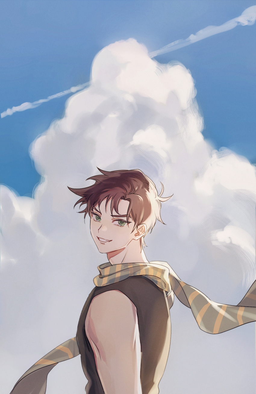 1boy bare_shoulders brown_hair clouds fingerless_gloves gloves green_eyes highres jojo_no_kimyou_na_bouken joseph_joestar joseph_joestar_(young) looking_back male_focus muted_color ningzzz scarf sky solo striped striped_scarf