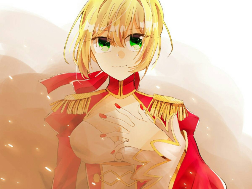 1girl ahoge blonde_hair blurry braid breasts cleavage commentary_request corset dress epaulettes fate/extra fate/grand_order fate_(series) flower french_braid green_eyes hair_flower hair_intakes hair_ornament hair_ribbon highres juliet_sleeves large_breasts long_sleeves looking_at_viewer nem_1113 nero_claudius_(fate) nero_claudius_(fate)_(all) ocean petals puffy_sleeves red_dress red_ribbon ribbon saber_extra see-through short_hair smile solo wide_sleeves
