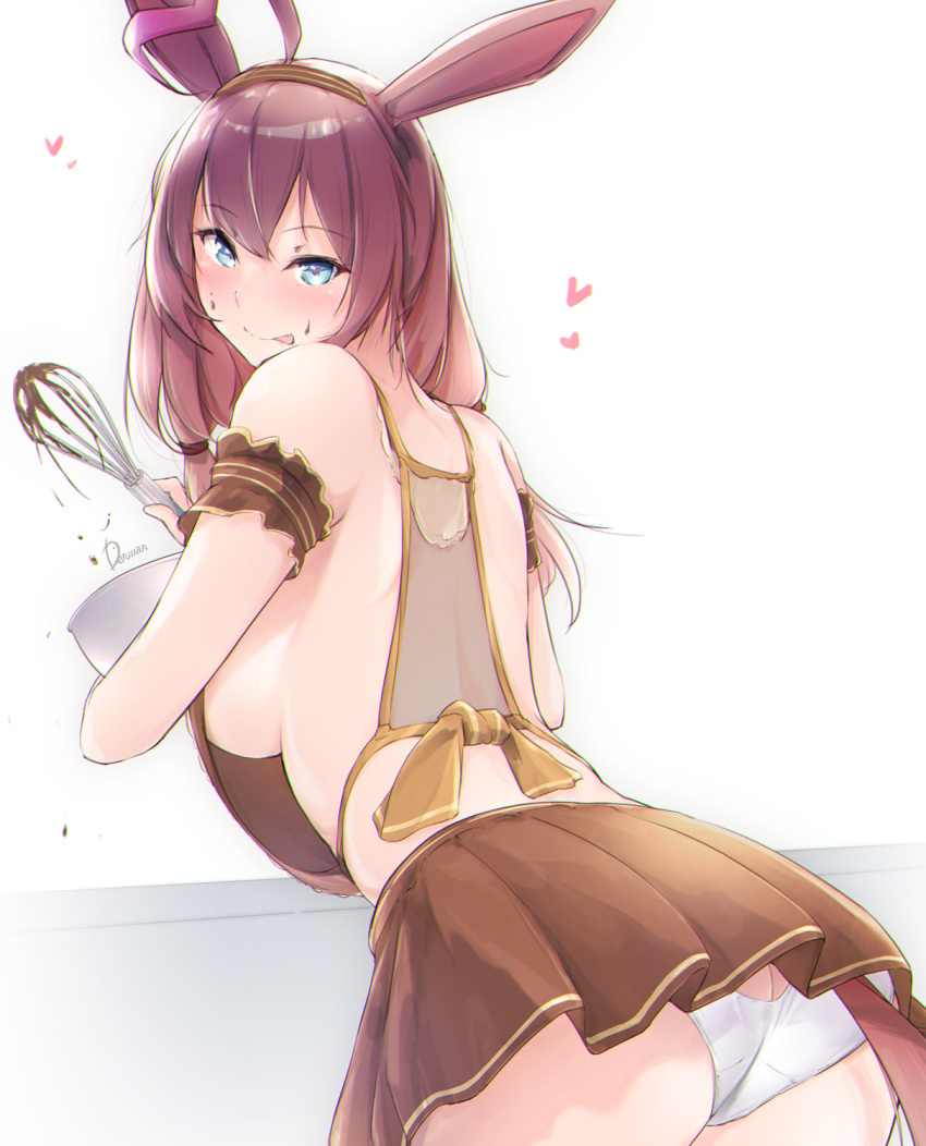 1girl animal_ears apron ass back bangs blue_eyes blush bow brown_hair brown_skirt chocolate commentary_request dermar eyebrows_visible_through_hair from_behind heart highres horse_ears horse_girl horse_tail licking_lips long_hair looking_at_viewer mihono_bourbon_(umamusume) panties pleated_skirt shoulder_blades simple_background skirt solo standing tail tied_hair tongue tongue_out umamusume underwear valentine whisk white_background white_panties