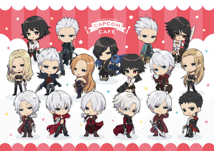 age_progression bangs black_eyes black_hair blonde_hair blue_eyes bright_pupils chibi dante_(devil_may_cry) devil_may_cry_(series) devil_may_cry_1 devil_may_cry_2 devil_may_cry_3 devil_may_cry_4 devil_may_cry_5 dmc:_devil_may_cry ebony_&amp;_ivory error everyone glasses green_eyes grey_eyes griffon_(devil_may_cry_5) gun hair_between_eyes heterochromia highres lady_(devil_may_cry) lipstick long_hair makeup messy_hair multiple_persona nero_(devil_may_cry) official_art parted_bangs rebellion_(sword) red_eyes red_queen_(sword) short_hair simple_background smile trish_(devil_may_cry) v_(devil_may_cry) vergil_(devil_may_cry) very_long_hair weapon white_hair white_pupils