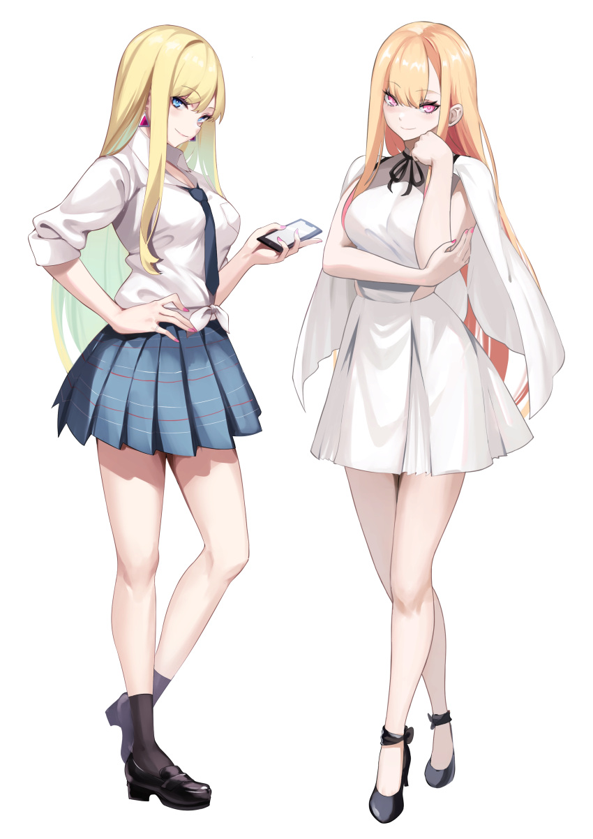 2girls absurdres black_footwear blonde_hair blue_eyes blue_necktie blue_skirt breasts cellphone closed_mouth cosplay costume_switch crossover dress dual_persona earrings eyebrows_visible_through_hair full_body gigi_andalusia gigi_andalusia_(cosplay) gundam gundam_hathaway's_flash hand_on_hip highres holding holding_phone jewelry kitagawa_marin kitagawa_marin_(cosplay) legs long_hair looking_at_viewer medium_breasts multiple_girls necktie orange_hair phone plaid plaid_skirt pleated_skirt school_uniform shirt simple_background skirt sleeveless sleeveless_dress smile socks sono_bisque_doll_wa_koi_wo_suru spider_apple standing tied_shirt white_background white_dress white_shirt
