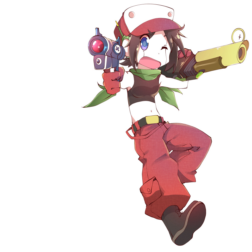 1girl absurdres brown_hair colored_skin cosplay crop_top doukutsu_monogatari eyebrows_visible_through_hair full_body gloves green_scarf gun hat highres holding holding_gun holding_weapon humanoid_robot looking_at_viewer majormilk multicolored_clothes multicolored_headwear navel open_mouth pants quote_(doukutsu_monogatari) quote_(doukutsu_monogatari)_(cosplay) red_gloves red_headwear red_pants scarf short_hair sleeveless solo transparent_background violet_eyes weapon white_headwear white_skin yuyushiki