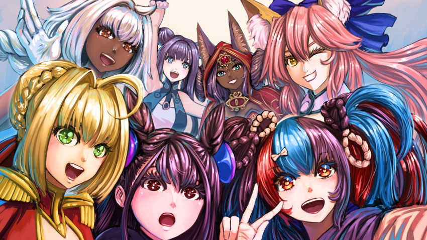 6+girls :d :o ahoge animal_ear_fluff animal_ears arm_up bangs blonde_hair blue_eyes blue_hair braid brown_eyes caenis_(fate) character_request commentary crown_braid dark-skinned_female dark_skin double_bun ears_through_headwear english_commentary epaulettes fate/grand_order fate_(series) fox_ears gloves green_eyes grin hair_between_eyes hair_bun hair_cones highres hood hood_up long_hair looking_at_viewer multicolored_hair multiple_girls nero_claudius_(fate) nero_claudius_(fate)_(all) nero_claudius_(fate/extra) one_eye_covered pink_hair purple_hair red_eyes redhead saber_extra sei_shounagon_(fate) smile substance20 tamamo_(fate) tamamo_no_mae_(fate/extra) v white_gloves yang_guifei_(fate) yellow_eyes