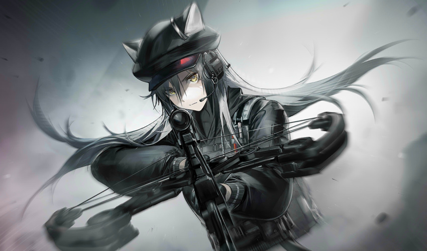 1girl aiming aiming_at_viewer arknights artist_request black_gloves black_headwear black_jacket cabbie_hat closed_mouth crossbow debris earpiece ears_through_headwear eyebrows_visible_through_hair floating_hair game_cg gloves hair_between_eyes hat jacket long_hair long_sleeves looking_at_viewer motion_blur official_art schwarz_(arknights) schwarz_(skyline)_(arknights) serious silver_hair solo tactical_clothes third-party_source upper_body v-shaped_eyebrows yellow_eyes