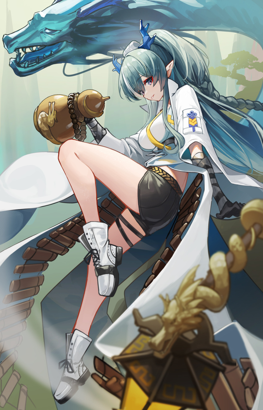 1girl absurdres ankle_boots arknights ass bare_legs belt black_gloves black_shorts blue_eyes blue_hair boots braid breasts coat dragon dragon_girl dragon_horns elbow_gloves from_side full_body gloves gours highres holding horns knee_up komi_(komiking) lantern large_breasts ling_(arknights) long_hair looking_at_viewer looking_to_the_side necktie open_clothes open_coat parted_lips shirt short_shorts shorts smile solo thigh_strap very_long_hair white_coat white_footwear white_shirt yellow_necktie
