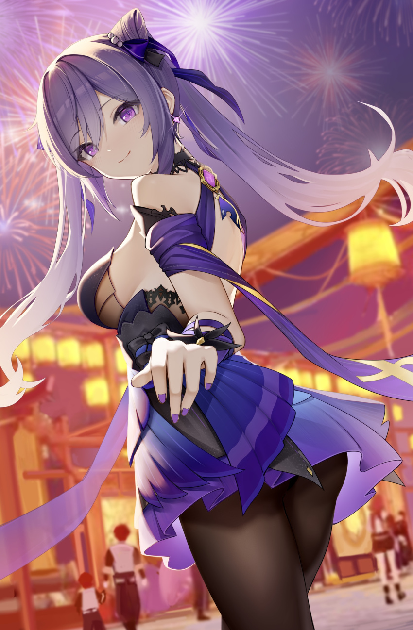 1girl absurdres backless_dress backless_outfit bare_shoulders black_dress blue_dress blush breasts brown_legwear double_bun dress earrings fireworks frilled_dress frilled_skirt frills genshin_impact hair_bun hair_ornament highres jewelry keqing_(genshin_impact) lantern lantern_festival looking_at_viewer medium_breasts multicolored_clothes multicolored_dress nail_polish night night_sky outstretched_hand pantyhose paper_lantern purple_hair purple_nails reaching_out sideboob skirt sky sky_lantern terebi_(shimizu1996) twintails violet_eyes vision_(genshin_impact)