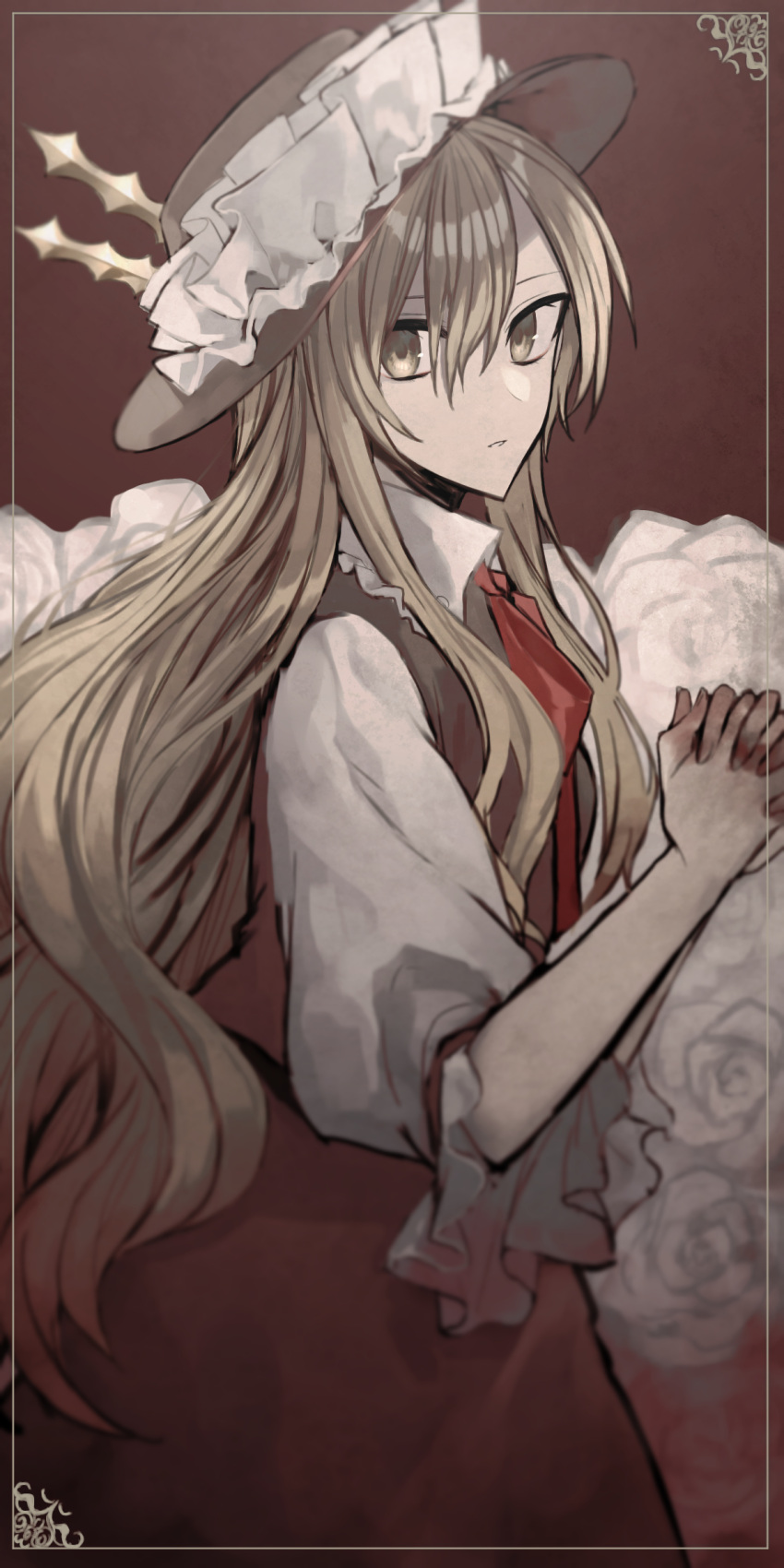 1girl ascot blonde_hair brown_background brown_headwear brown_skirt brown_vest collared_shirt cowboy_shot floral_background frilled_hat frilled_sleeves frills hat hat_feather highres interlocked_fingers jacket_girl_(dipp) long_hair otoshiro_kosame own_hands_clasped own_hands_together palms_together puffy_short_sleeves puffy_sleeves red_ascot shirt short_sleeves skirt touhou very_long_hair vest wavy_hair white_shirt yellow_eyes